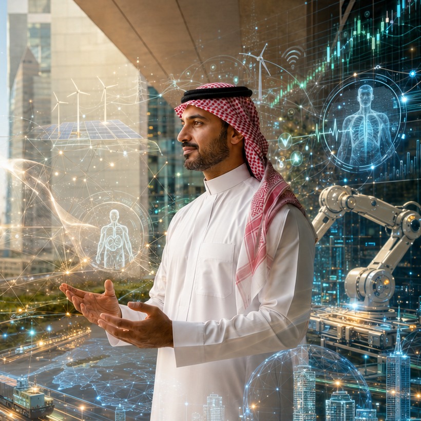 A Saudi professional overlaid with AI and data visualization elements, representing digital transformation